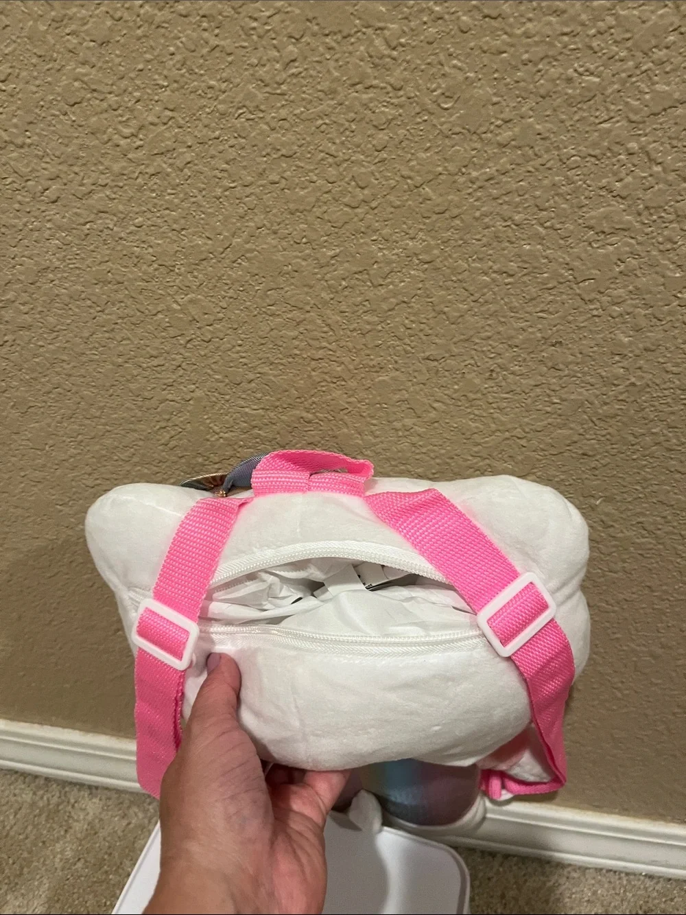 Hello Kitty Plush Backpack - White with Iridescent Rainbow Bow and Overalls